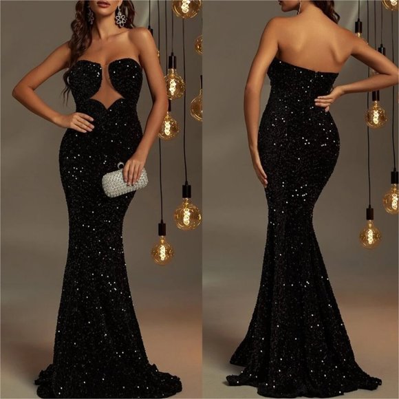 Sequin strapless mesh insert Formal Maxi Mermaid Dress Black - Picture 4 of 8